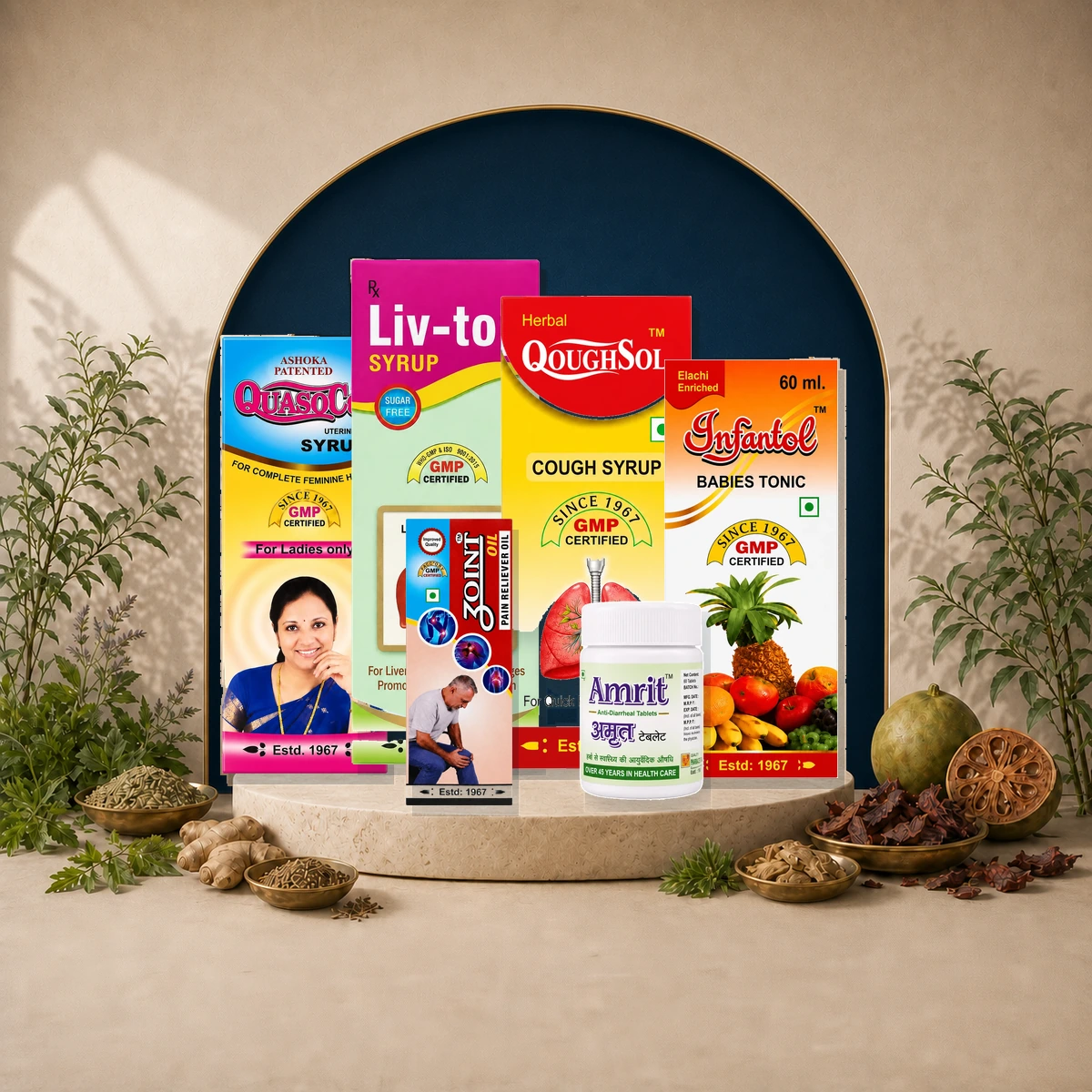 Selected Quality Pharmaceuticals products with Ayurvedic ingredients and greenery