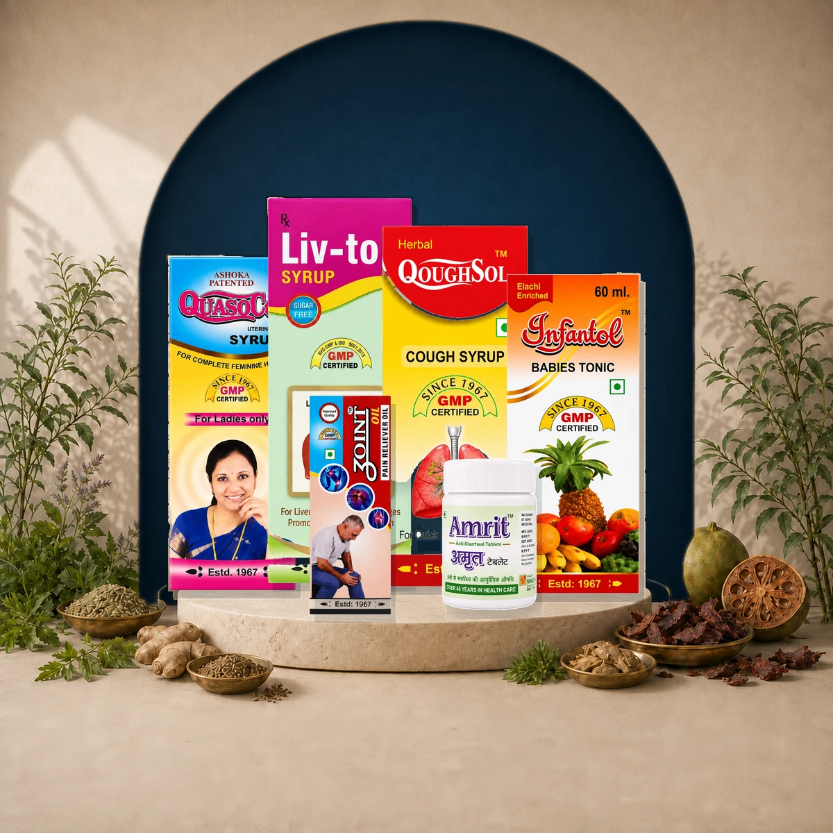 Selected Quality Pharmaceuticals products with Ayurvedic ingredients and greenery